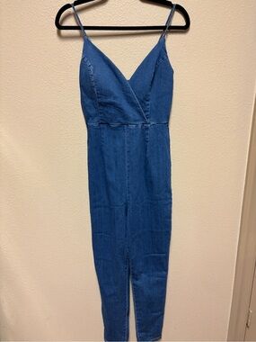 Haute Monde Blue Denim Jumpsuit with Spaghetti Straps